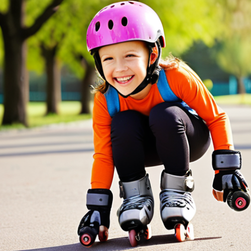 Home 16 A happy child, around 7 years old, roller skating confidently in a bright, sunny park. They are wearing full protective gear including a helmet, knee pads, elbow pads, and wrist guards. The child's skates appear secure and well-fitted. A parent is blurred in the background, smiling. Emphasize safety and joy with vibrant colors and a shallow depth of field.