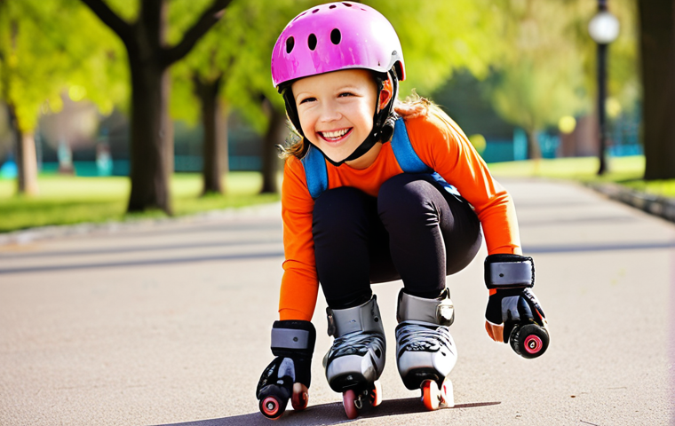 A happy child, around 7 years old, roller skating confidently in a bright, sunny park. They are wearing full protective gear including a helmet, knee pads, elbow pads, and wrist guards. The child's skates appear secure and well-fitted. A parent is blurred in the background, smiling. Emphasize safety and joy with vibrant colors and a shallow depth of field.
