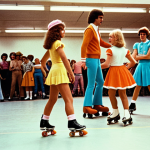 **Prompt:**  A vintage-style photograph of a bustling roller rink in the 1970s, featuring people of all ages skating on quad skates, wearing colorful clothing and enjoying the music.  Emphasis on the energy and fashion of the era.