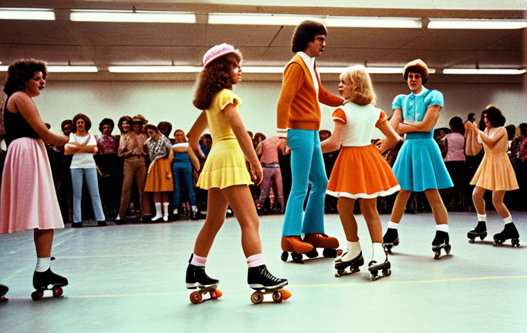 **Prompt:** A vintage-style photograph of a bustling roller rink in the 1970s, featuring people of all ages skating on quad skates, wearing colorful clothing and enjoying the music. Emphasis on the energy and fashion of the era.