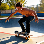 A male skateboarder mid-action, powerfully executing a complex maneuver like a deep carve or an ollie landing in a vibrant, sunlit urban skatepark. The image should emphasize his athletic physique and the visible, strong engagement of his core muscles, which are the foundation for his incredible balance and explosive power. His expression is focused and passionate, embodying the dynamic blend of sport and well-being. Professional sports photography style, high detail, sharp focus, realistic.