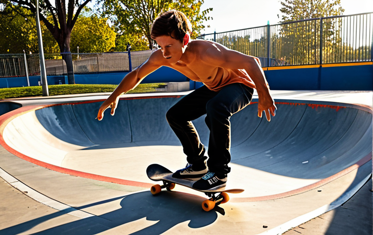 A male skateboarder mid-action, powerfully executing a complex maneuver like a deep carve or an ollie landing in a vibrant, sunlit urban skatepark. The image should emphasize his athletic physique and the visible, strong engagement of his core muscles, which are the foundation for his incredible balance and explosive power. His expression is focused and passionate, embodying the dynamic blend of sport and well-being. Professional sports photography style, high detail, sharp focus, realistic.