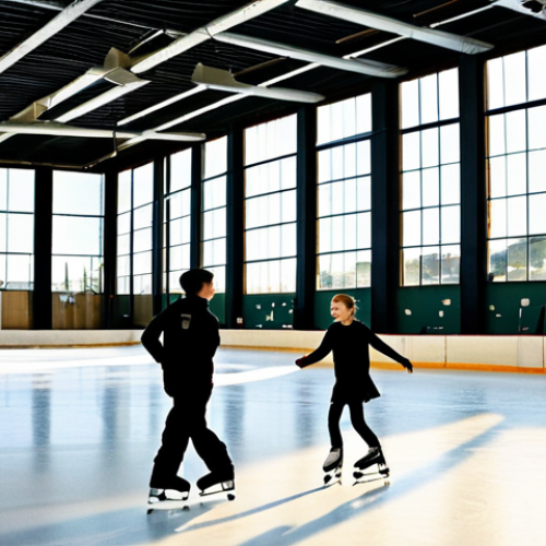Home 23 Portuguese Figure Skating School**
"A bright and airy ice rink in Lisbon, Portugal. Young, fully clothed figure skaters in modest training attire are practicing under the guidance of a professional coach. Focus on the movement and energy. Sunlight streaming through large windows. Safe for work, appropriate content, professional photography, perfect anatomy, natural proportions, family-friendly."
**