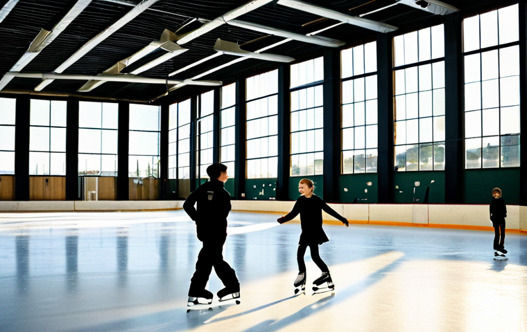 Portuguese Figure Skating School**
"A bright and airy ice rink in Lisbon, Portugal. Young, fully clothed figure skaters in modest training attire are practicing under the guidance of a professional coach. Focus on the movement and energy. Sunlight streaming through large windows. Safe for work, appropriate content, professional photography, perfect anatomy, natural proportions, family-friendly."
**