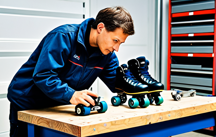 Maintenance Check**
"A person carefully inspecting roller skates, focusing on the wheels and bearings, with tools laid out on a clean workbench, fully clothed, appropriate attire, safe for work, perfect anatomy, natural proportions, professional product photography, high quality. Background: A brightly lit garage or workshop setting. Emphasize the detail and craftsmanship. professional, modest, family-friendly"
**