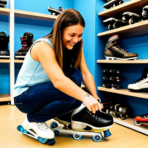 Home 21 Skate Fitting Session**
A professional skate fitter carefully measuring a customer's foot in a well-lit skate shop in Lisbon, Portugal. The fitter is using a specialized measuring device. The customer is smiling and relaxed. Shelves of inline skates and quad skates are visible in the background. Safe for work, appropriate content, fully clothed, professional setting, perfect anatomy, natural proportions, well-formed hands.
**