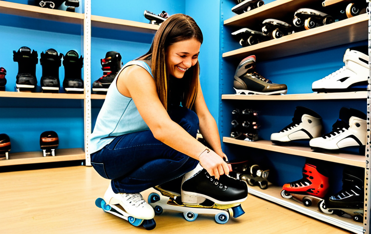 Skate Fitting Session**
A professional skate fitter carefully measuring a customer's foot in a well-lit skate shop in Lisbon, Portugal. The fitter is using a specialized measuring device. The customer is smiling and relaxed. Shelves of inline skates and quad skates are visible in the background. Safe for work, appropriate content, fully clothed, professional setting, perfect anatomy, natural proportions, well-formed hands.
**