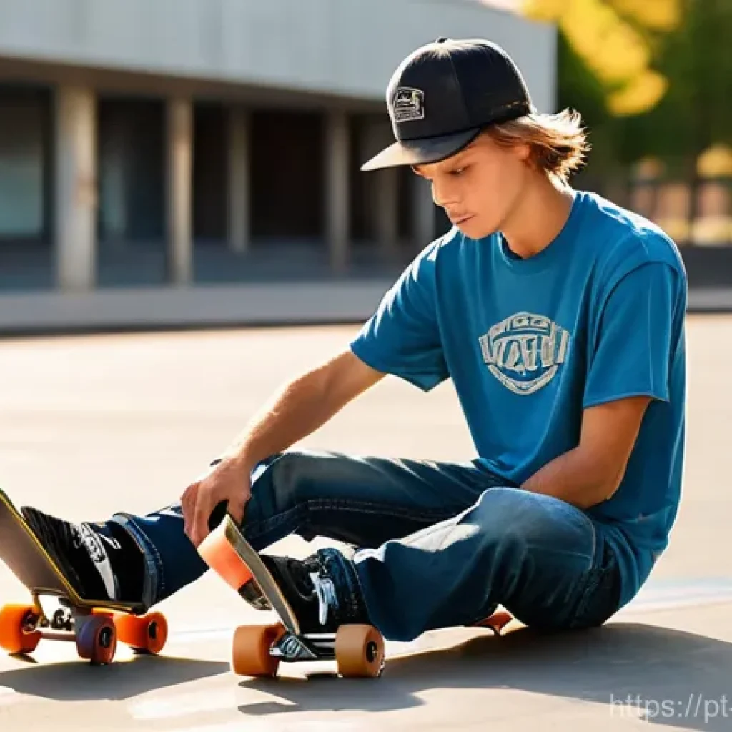 스케이트 도구 박스 준비 - **Prompt 1: The Trusty T-Tool Adjustment**
    "A young adult skateboarder, wearing casual skate att...