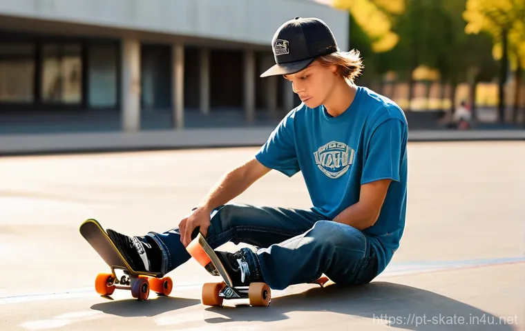 스케이트 도구 박스 준비 - **Prompt 1: The Trusty T-Tool Adjustment**
    "A young adult skateboarder, wearing casual skate att...