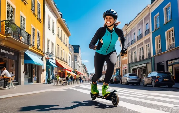 스케이트의 이점과 단점 - **Urban Freedom and Discovery:**
    A young adult, with a radiant smile, glides effortlessly on rol...