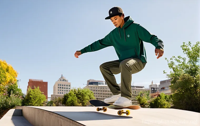 스케이트 의류 브랜드 - **"Golden Hour Grind"**
    A young adult skateboarder, gender-neutral, is captured in a dynamic sho...