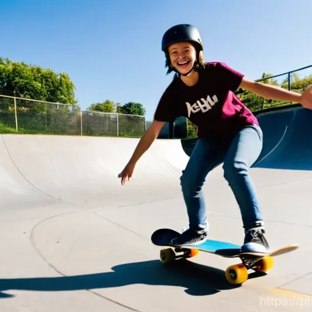 스케이트 레슨 후기 작성법 - **Prompt 1: The First Ollie and Shared Joy**
    "A young, determined female skateboarder, around 15...