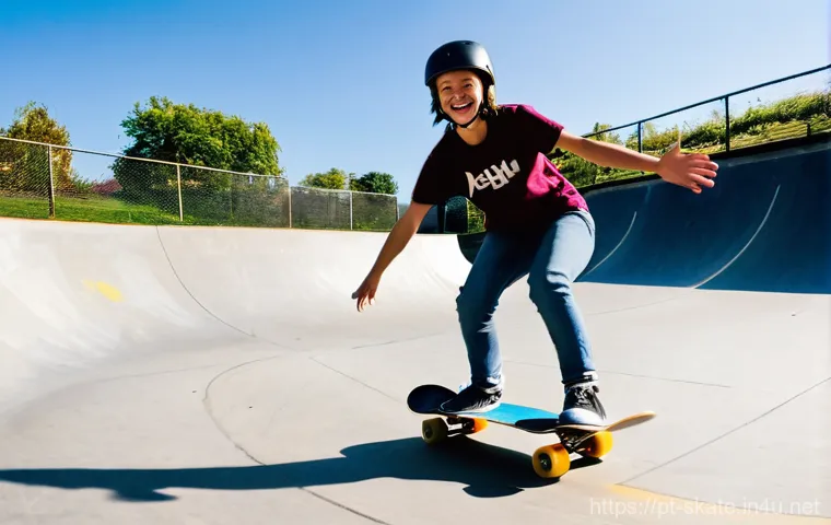 스케이트 레슨 후기 작성법 - **Prompt 1: The First Ollie and Shared Joy**
    "A young, determined female skateboarder, around 15...