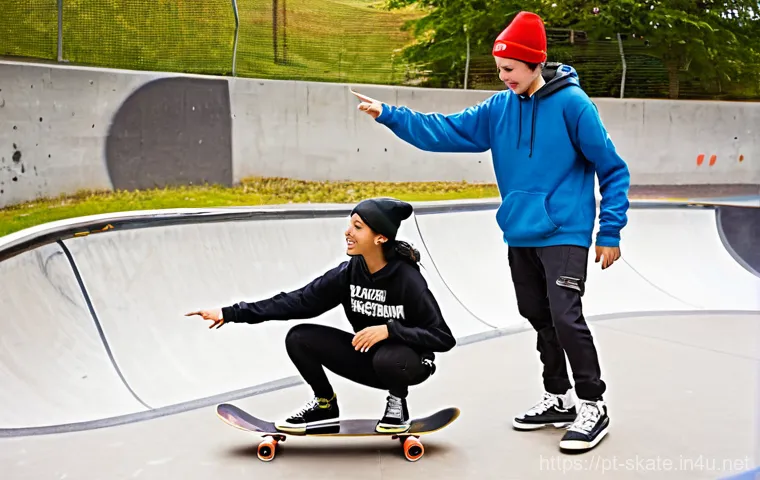 스케이트 레슨 후기 작성법 - **Prompt 1: The First Ollie and Shared Joy**
    "A young, determined female skateboarder, around 15...
