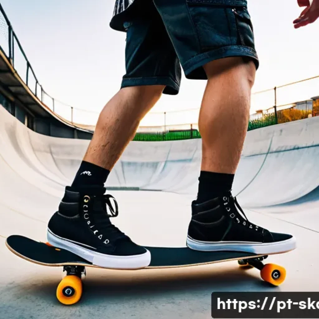 스케이트 신발 끈 묶는 법 - A vibrant, dynamic close-up shot of a male skater's feet, mid-ollie, wearing well-worn yet stylish b...