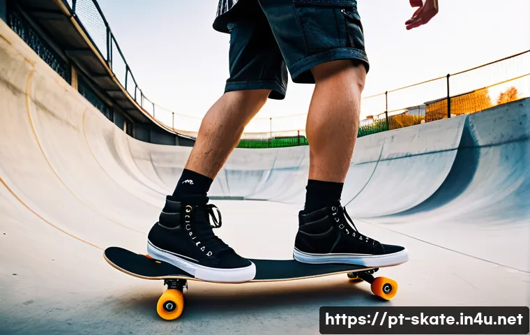 스케이트 신발 끈 묶는 법 - A vibrant, dynamic close-up shot of a male skater's feet, mid-ollie, wearing well-worn yet stylish b...