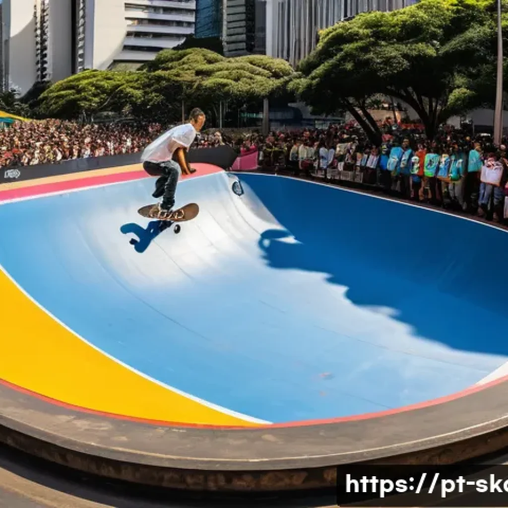 스케이트 대회 참가비 - A vibrant urban skateboarding competition scene set in São Paulo, Brazil, featuring diverse amateur ...