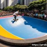 스케이트 대회 참가비 - A vibrant urban skateboarding competition scene set in São Paulo, Brazil, featuring diverse amateur ...