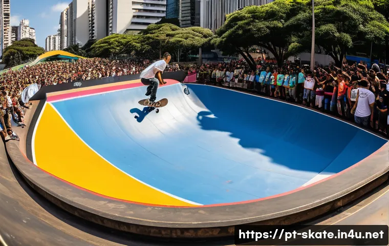 스케이트 대회 참가비 - A vibrant urban skateboarding competition scene set in São Paulo, Brazil, featuring diverse amateur ...