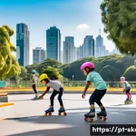 Home 19 스케이트 대여비용 - A vibrant outdoor roller skating park in São Paulo during a sunny afternoon, featuring a diverse gro...