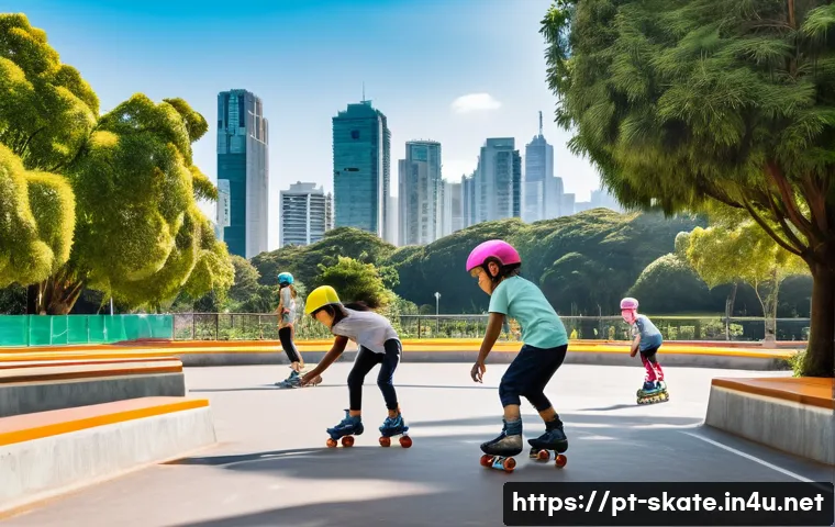스케이트 대여비용 - A vibrant outdoor roller skating park in São Paulo during a sunny afternoon, featuring a diverse gro...