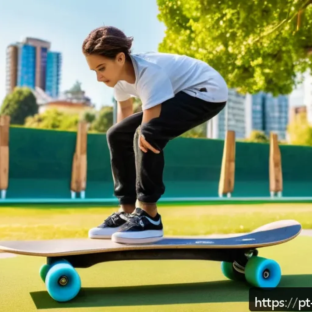 스케이트와 균형 감각 훈련 - A young skateboarder practicing balance exercises on a wooden balance board outdoors in a sunny urba...