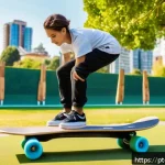 Home 18 스케이트와 균형 감각 훈련 - A young skateboarder practicing balance exercises on a wooden balance board outdoors in a sunny urba...