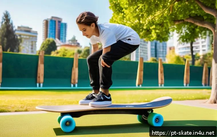 스케이트와 균형 감각 훈련 - A young skateboarder practicing balance exercises on a wooden balance board outdoors in a sunny urba...
