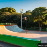 Home 23 스케이트와 친구들과의 추억 만들기 - A vibrant urban skatepark scene in São Paulo’s Ibirapuera Park during golden hour, featuring a diver...