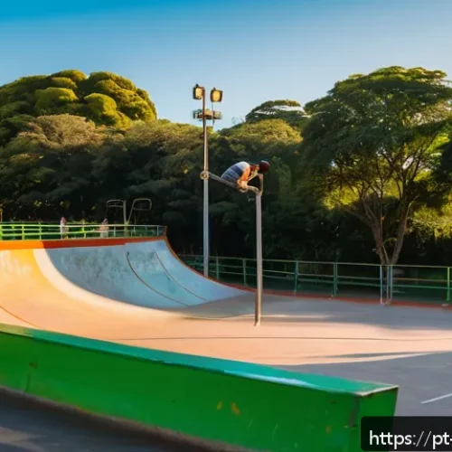 Home 17 스케이트와 친구들과의 추억 만들기 - A vibrant urban skatepark scene in São Paulo’s Ibirapuera Park during golden hour, featuring a diver...