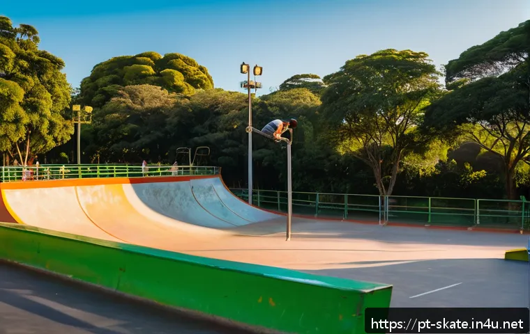 스케이트와 친구들과의 추억 만들기 - A vibrant urban skatepark scene in São Paulo’s Ibirapuera Park during golden hour, featuring a diver...