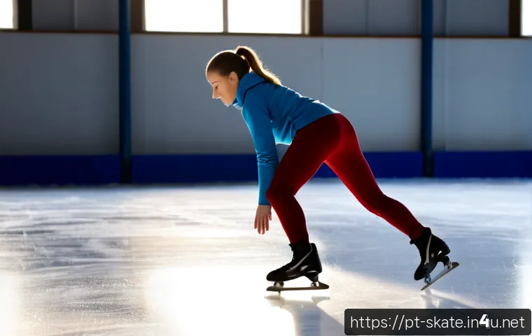 스케이트 워밍업 요령 - Photorealistic indoor ice rink scene, a recreational adult skater in modest athletic winter clothing...