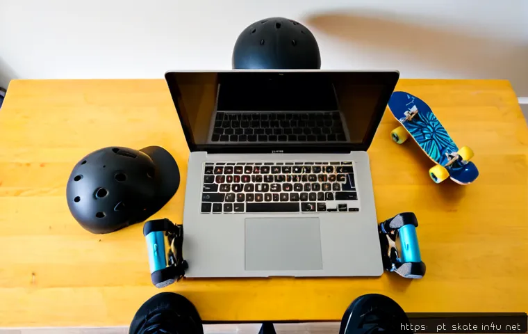 Home 17 스케이트 용품 온라인 구매 - Photorealistic overhead view of a Portuguese young adult shopping for skateboarding gear online on a...